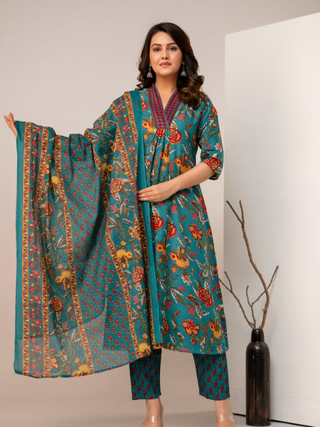 Women's Rayon Blend Printed Kurta With Palazzo & Dupatta