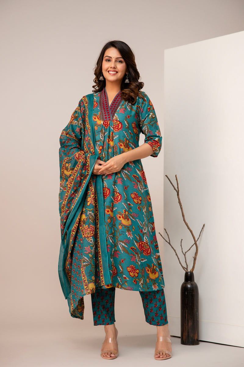 Women's Rayon Blend Printed Kurta With Palazzo & Dupatta