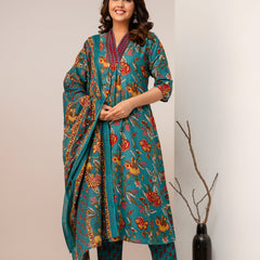Women's Rayon Blend Printed Kurta With Palazzo & Dupatta