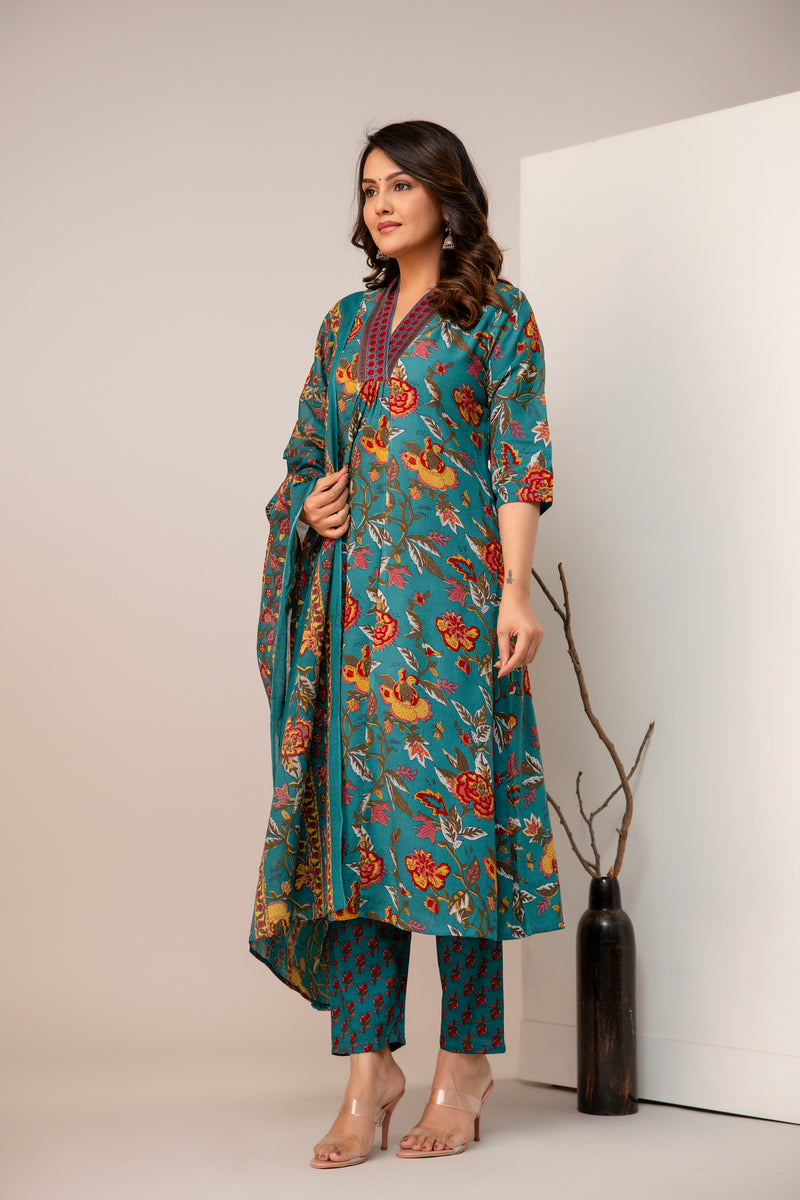 Women's Rayon Blend Printed Kurta With Palazzo & Dupatta