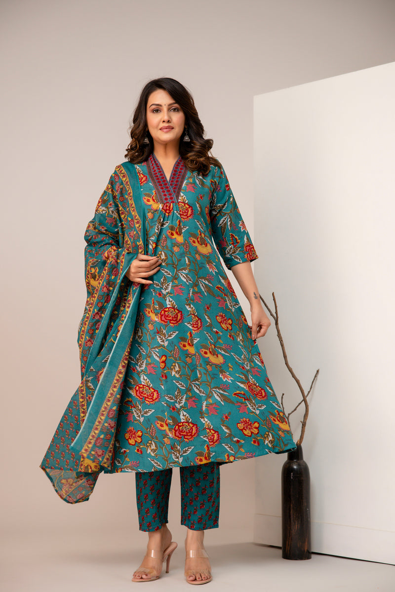 Women's Rayon Blend Printed Kurta With Palazzo & Dupatta
