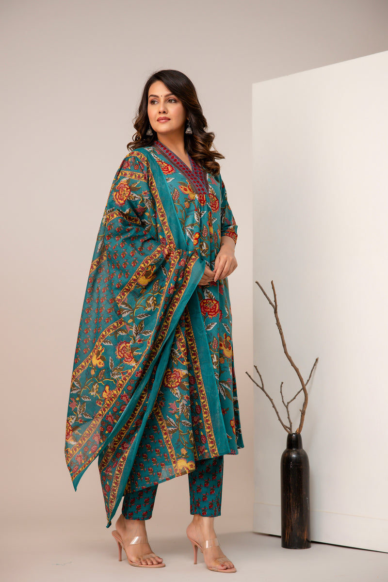 Women's Rayon Blend Printed Kurta With Palazzo & Dupatta