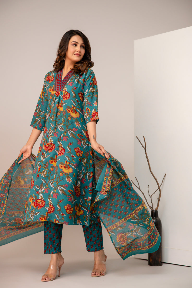 Women's Rayon Blend Printed Kurta With Palazzo & Dupatta