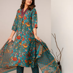 Women's Rayon Blend Printed Kurta With Palazzo & Dupatta