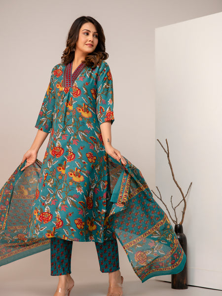 Women's Rayon Blend Printed Kurta With Palazzo & Dupatta