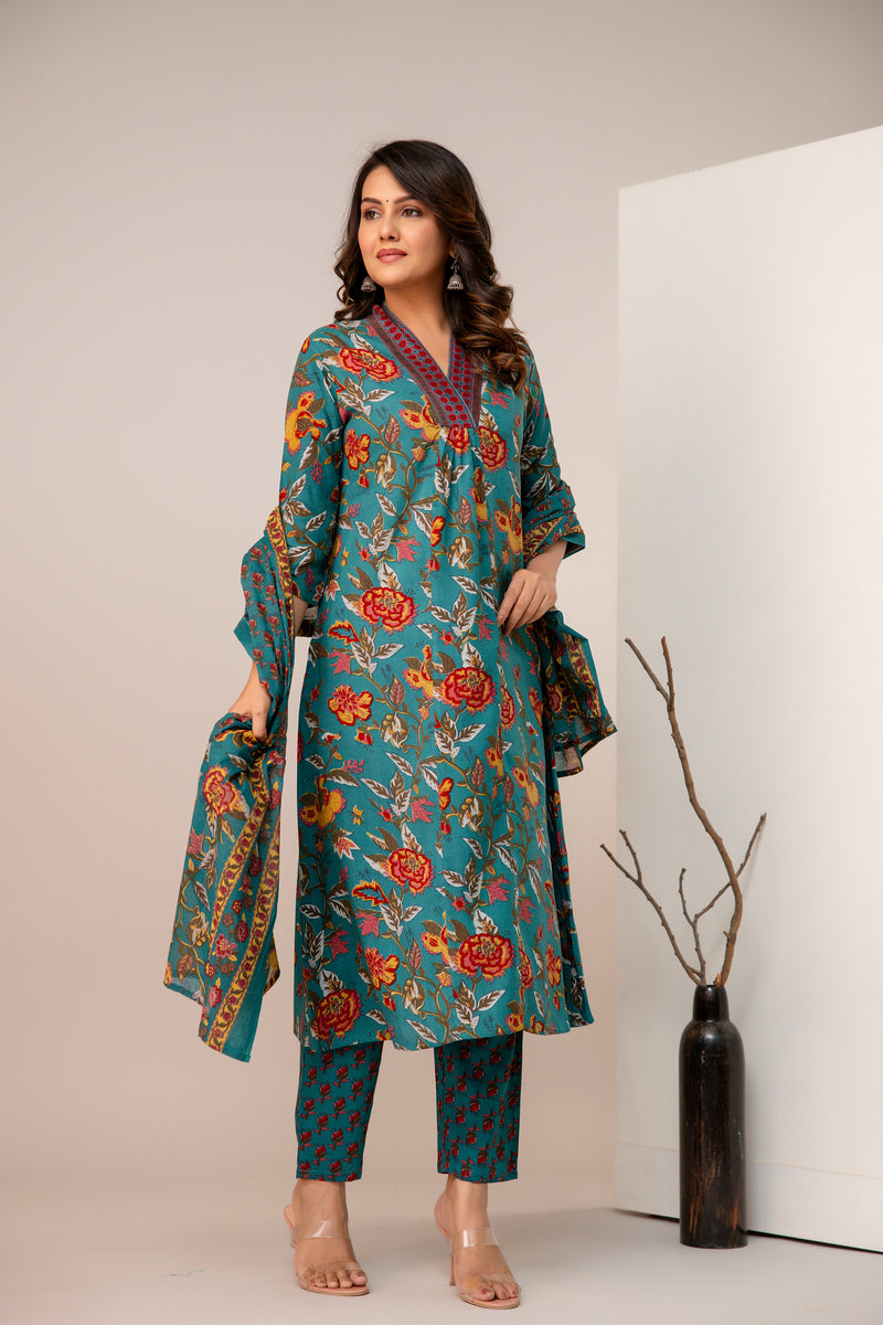 Women's Rayon Blend Printed Kurta With Palazzo & Dupatta