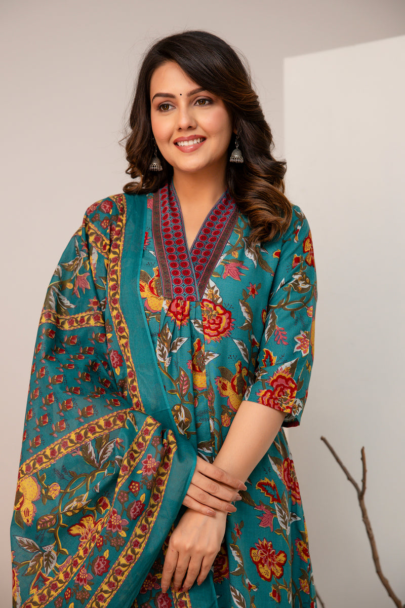 Women's Rayon Blend Printed Kurta With Palazzo & Dupatta