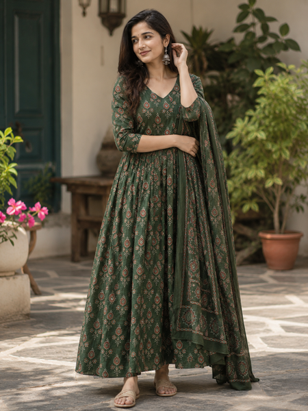 Women’s Green Anarkali Kurta Set with Dupatta