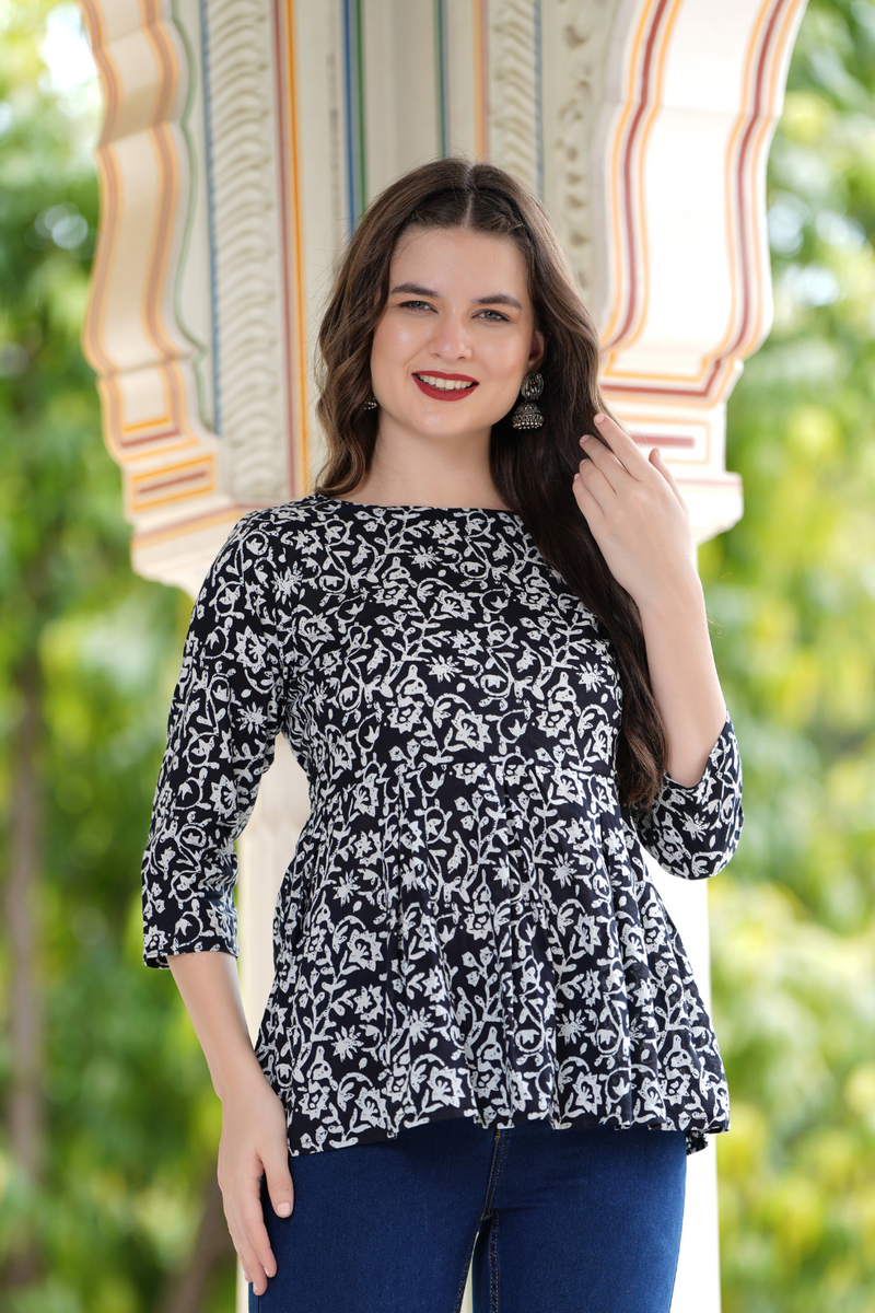 Floral Printed Round Neck Peplum Top