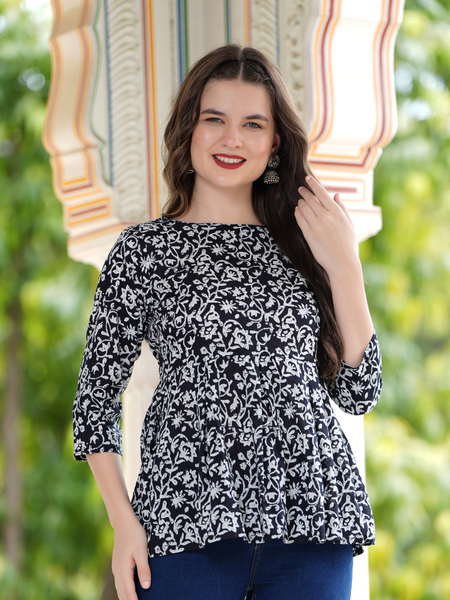 Floral Printed Round Neck Peplum Top