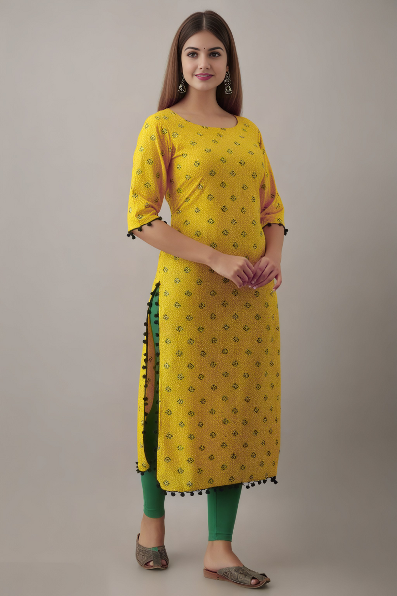 Women Printed Pure Cotton Straight Kurta  (Yellow)