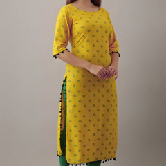 Women Printed Pure Cotton Straight Kurta  (Yellow)