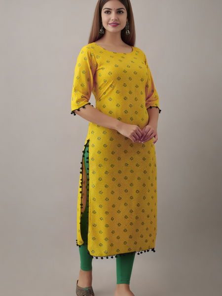 Women Printed Pure Cotton Straight Kurta  (Yellow)