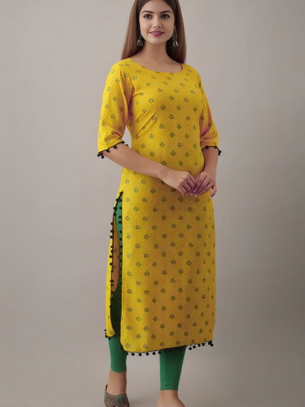 Women Printed Pure Cotton Straight Kurta  (Yellow)