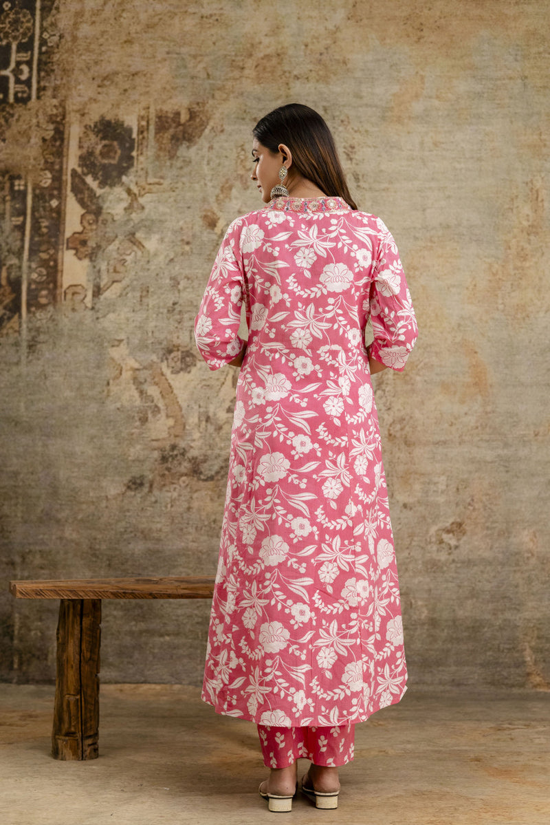 Women's cotton Anarkali Kurta with embroidery with pant and mulmul dupatta
