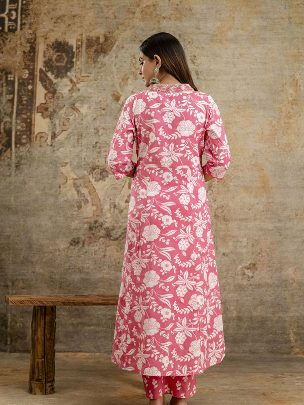 Women's cotton Anarkali Kurta with embroidery with pant and mulmul dupatta