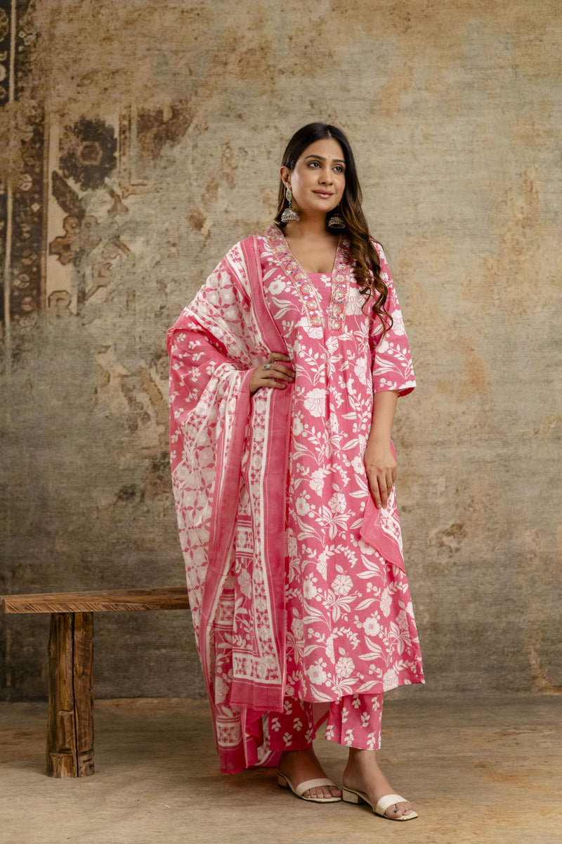 Women's cotton Anarkali Kurta with embroidery with pant and mulmul dupatta