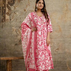 Women's cotton Anarkali Kurta with embroidery with pant and mulmul dupatta