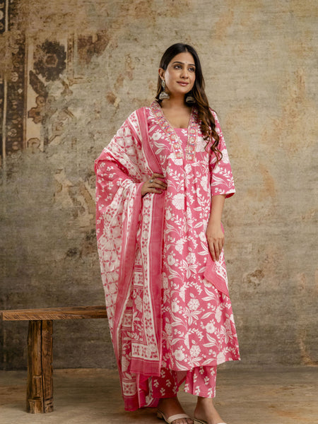 Women's cotton Anarkali Kurta with embroidery with pant and mulmul dupatta