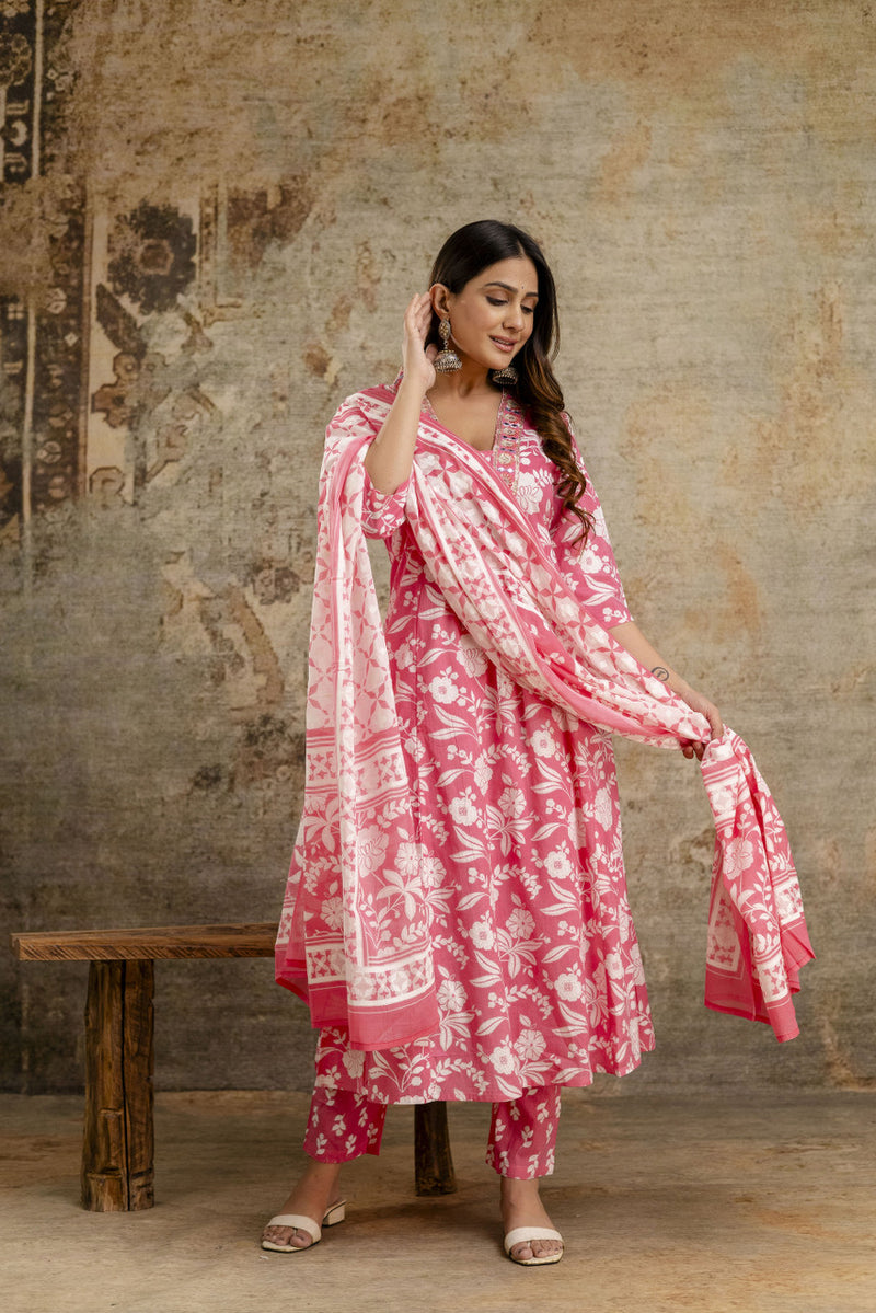 Women's cotton Anarkali Kurta with embroidery with pant and mulmul dupatta