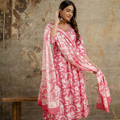 Women's cotton Anarkali Kurta with embroidery with pant and mulmul dupatta