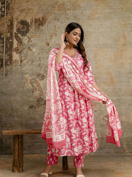 Women's cotton Anarkali Kurta with embroidery with pant and mulmul dupatta
