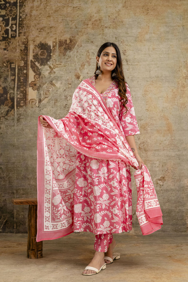 Women's cotton Anarkali Kurta with embroidery with pant and mulmul dupatta