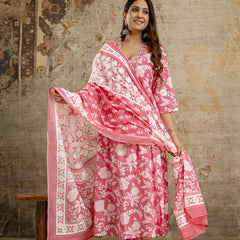 Women's cotton Anarkali Kurta with embroidery with pant and mulmul dupatta