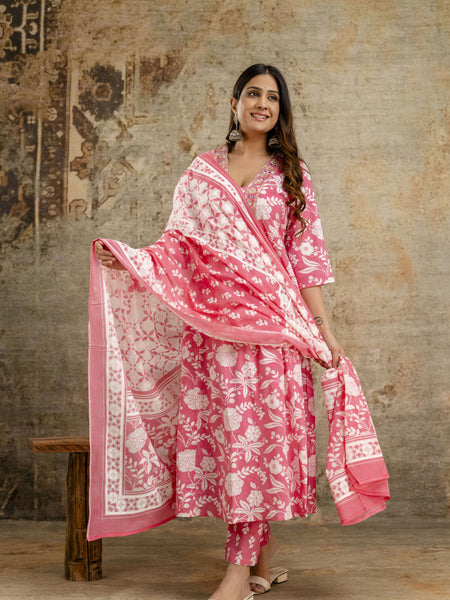 Women's cotton Anarkali Kurta with embroidery with pant and mulmul dupatta
