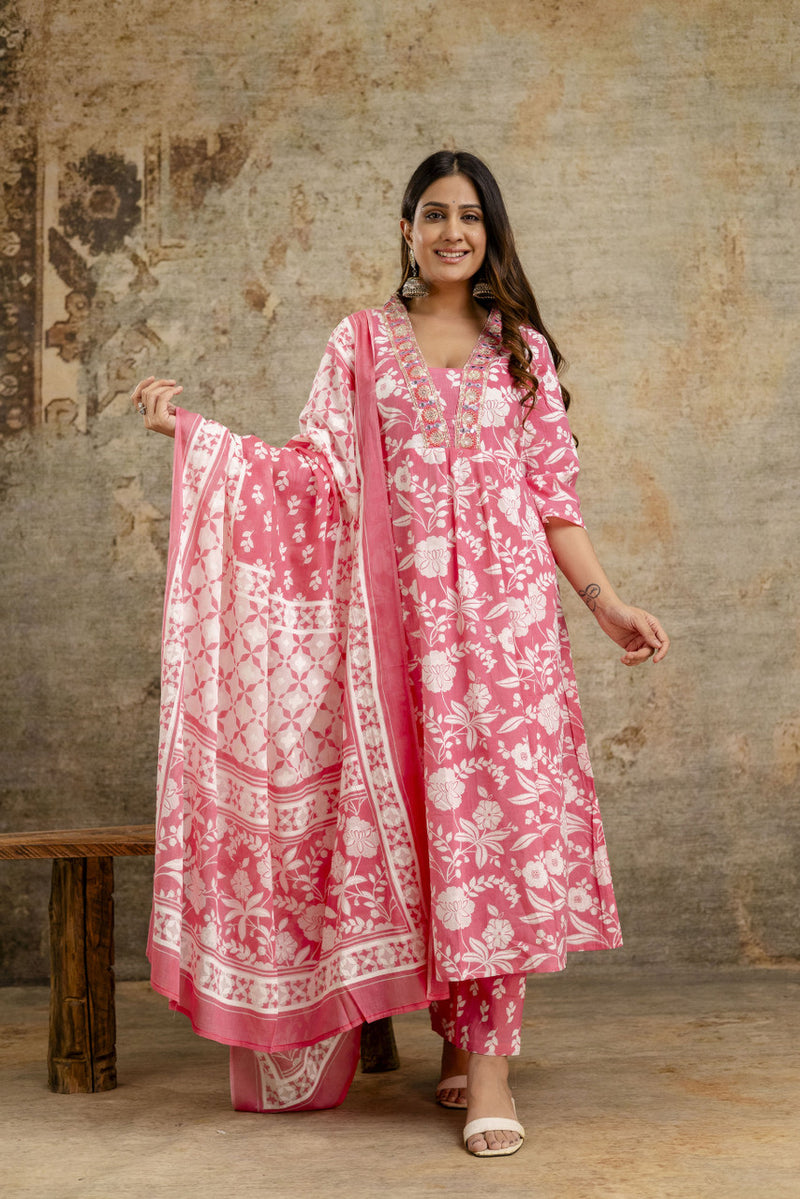 Women's cotton Anarkali Kurta with embroidery with pant and mulmul dupatta