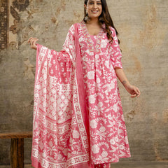 Women's cotton Anarkali Kurta with embroidery with pant and mulmul dupatta