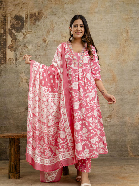 Women's cotton Anarkali Kurta with embroidery with pant and mulmul dupatta