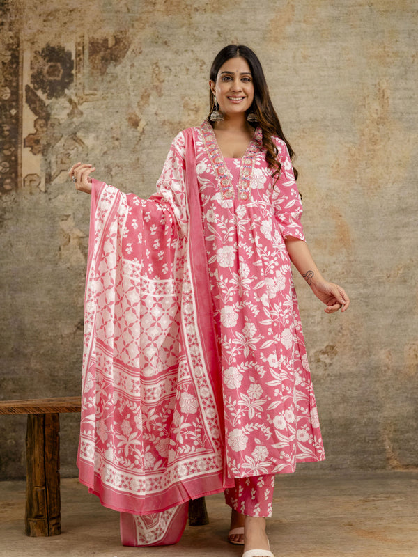 Women's cotton Anarkali Kurta with embroidery with pant and mulmul dupatta
