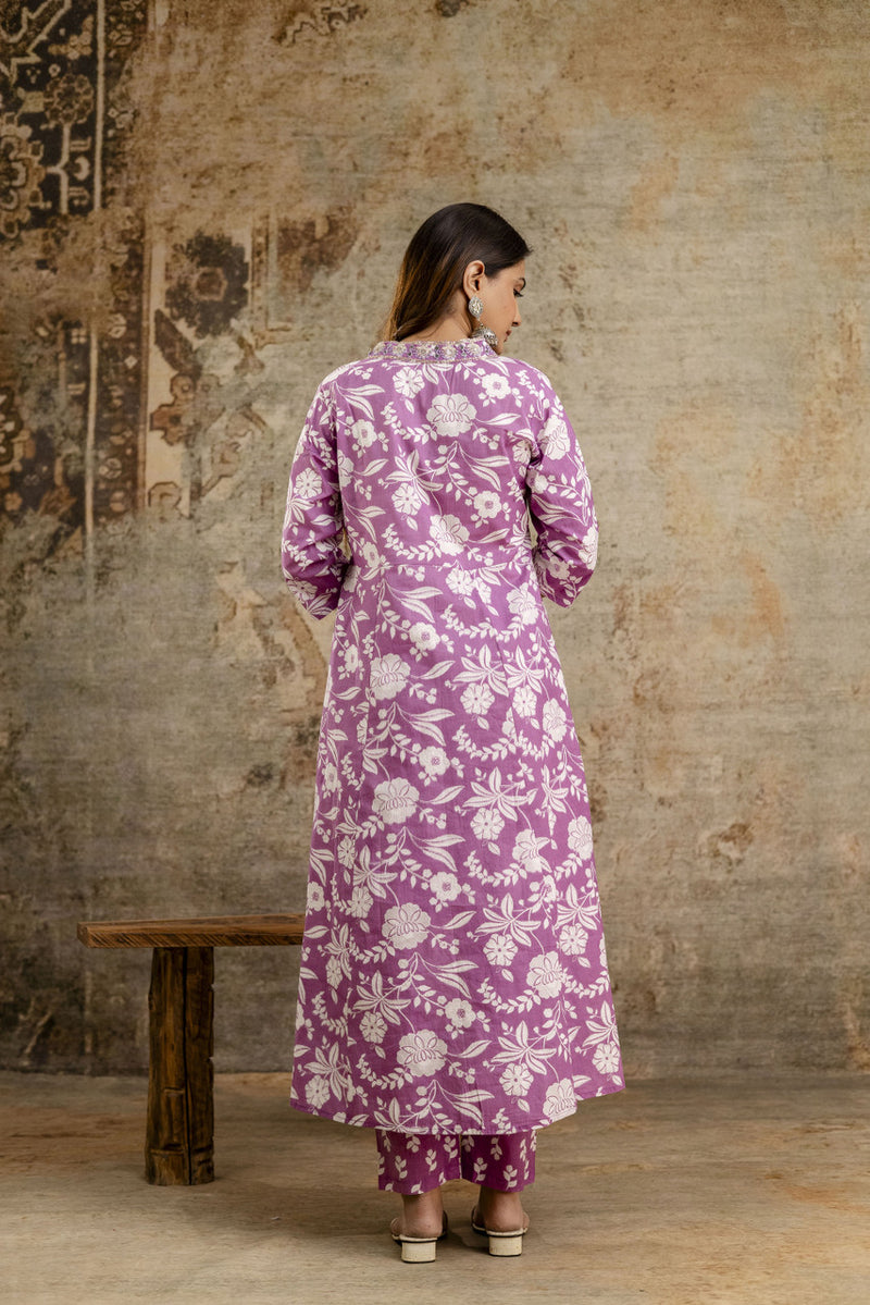 Women's cotton Anarkali Kurta with embroidery with pant and mulmul dupatta