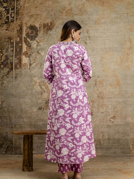 Women's cotton Anarkali Kurta with embroidery with pant and mulmul dupatta