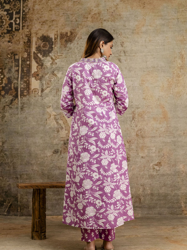Women's cotton Anarkali Kurta with embroidery with pant and mulmul dupatta