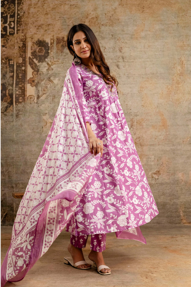 Women's cotton Anarkali Kurta with embroidery with pant and mulmul dupatta
