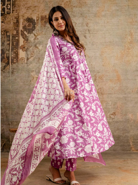 Women's cotton Anarkali Kurta with embroidery with pant and mulmul dupatta