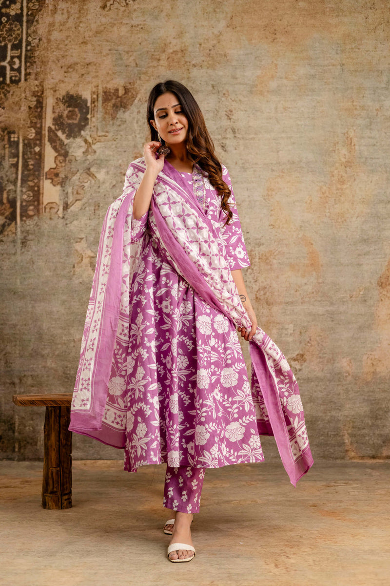 Women's cotton Anarkali Kurta with embroidery with pant and mulmul dupatta
