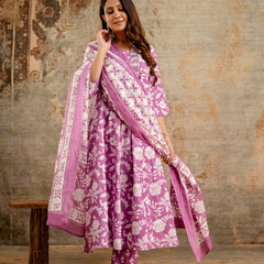 Women's cotton Anarkali Kurta with embroidery with pant and mulmul dupatta