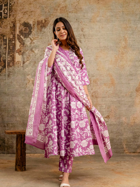 Women's cotton Anarkali Kurta with embroidery with pant and mulmul dupatta
