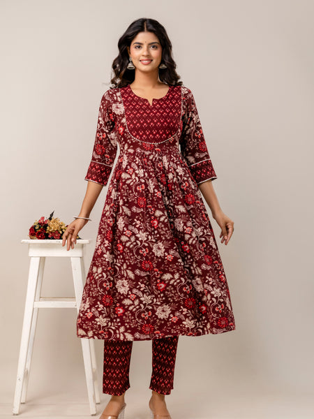 Women Floral Print Viscose Rayon Ethnic Dress With Attached Dupatta