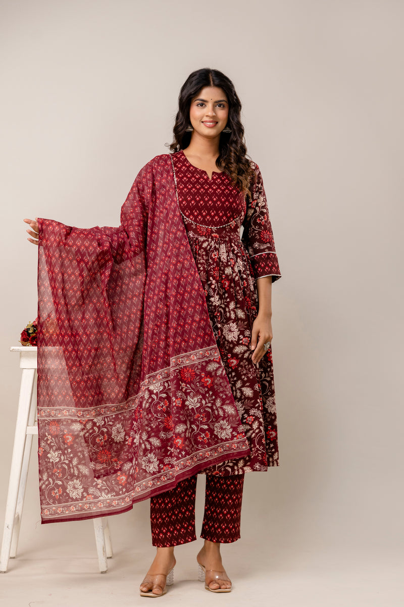 Women Floral Print Viscose Rayon Ethnic Dress With Attached Dupatta
