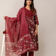 Women Floral Print Viscose Rayon Ethnic Dress With Attached Dupatta