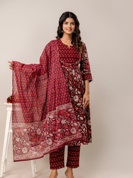 Women Floral Print Viscose Rayon Ethnic Dress With Attached Dupatta