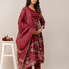 Women Floral Print Viscose Rayon Ethnic Dress With Attached Dupatta
