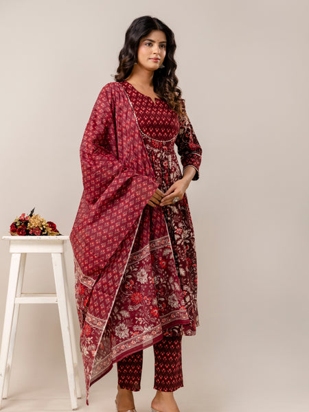 Women Floral Print Viscose Rayon Ethnic Dress With Attached Dupatta