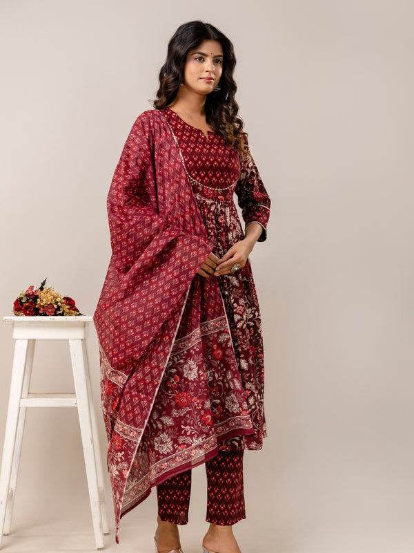 Women Floral Print Viscose Rayon Ethnic Dress With Attached Dupatta
