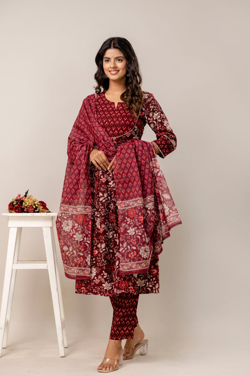 Women Floral Print Viscose Rayon Ethnic Dress With Attached Dupatta