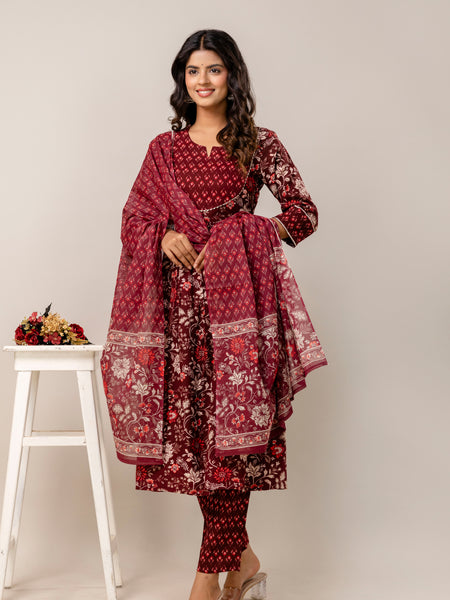 Women Floral Print Viscose Rayon Ethnic Dress With Attached Dupatta